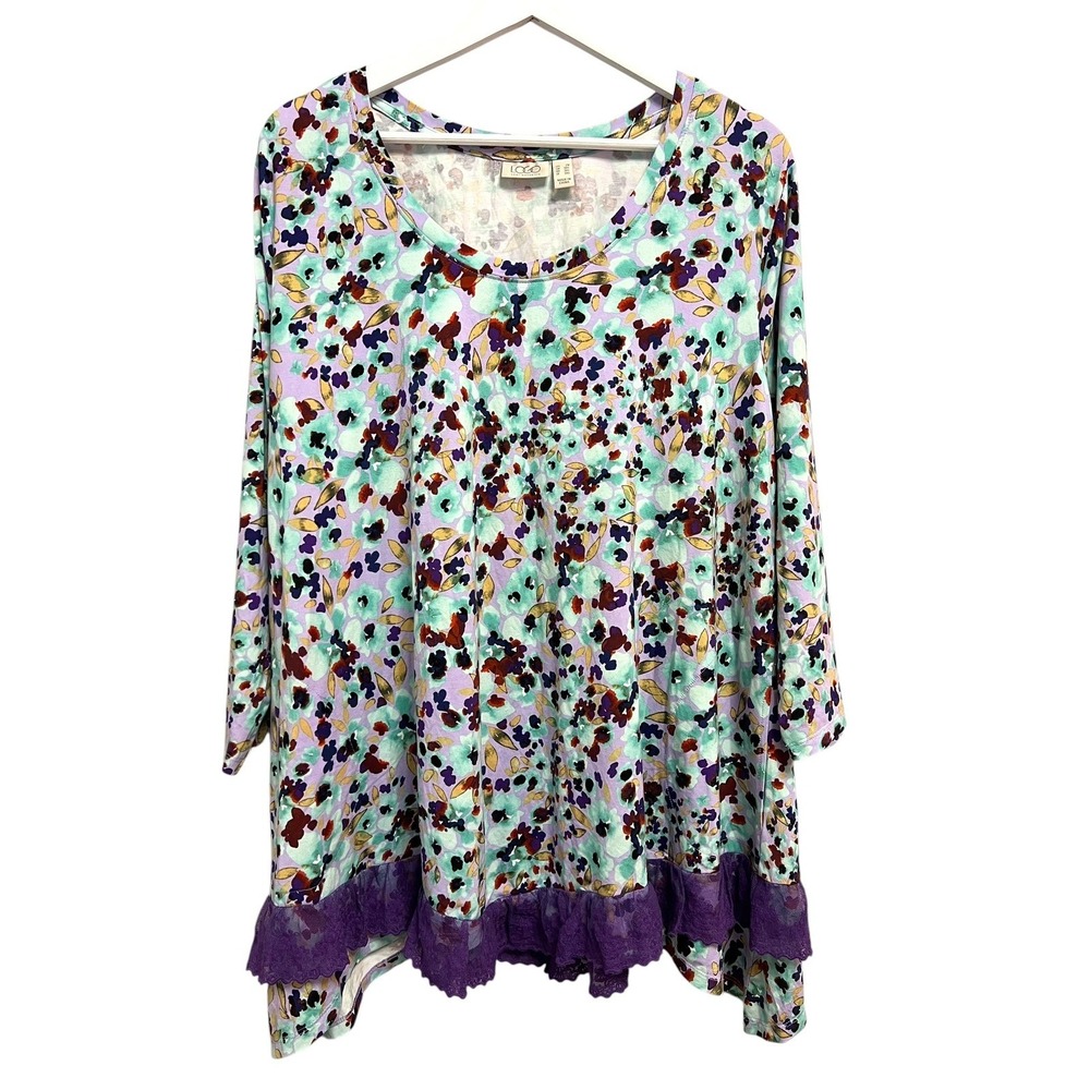 LOGO Lori Goldstein Tunic Women 2X Purple Floral Lace Trim Sharkbite Hem Pockets